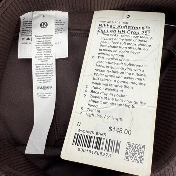 NWT LULULEMON Ribbed Softstreme Zip-Leg High-Rise Cropped Pant 25" Sz 0 Espresso - Picture 8 of 11